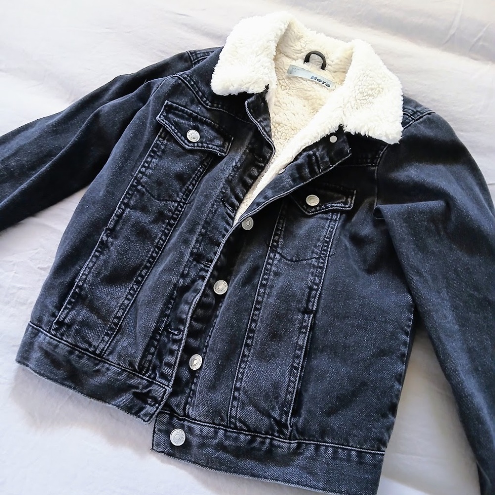 Topshop Black Denim Sherpa Moto Jacket - Picture 2 of 8